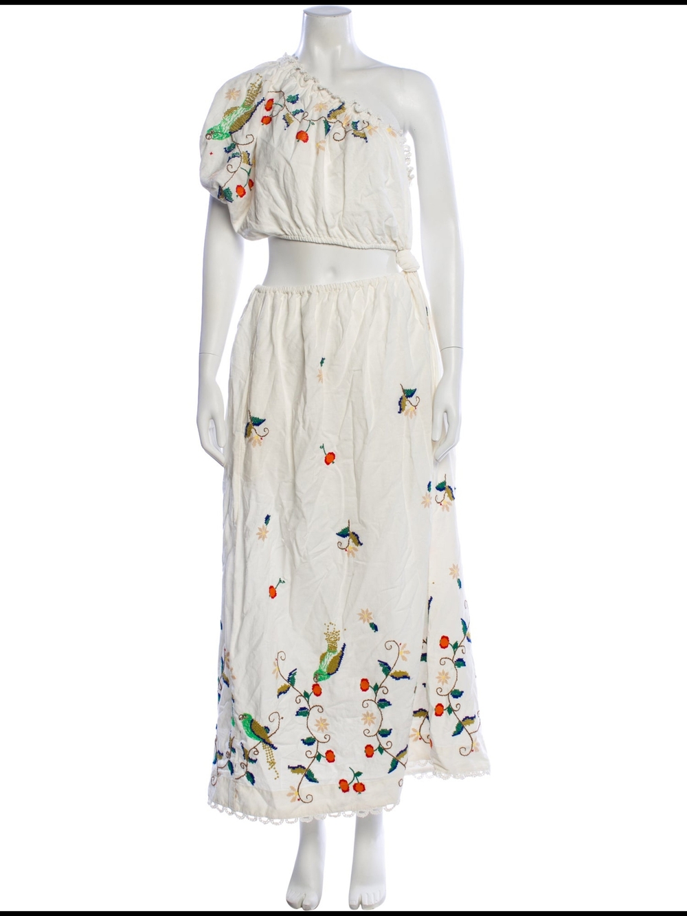 FARM Rio Embroidered One-Shoulder Side-knot Dress in Ivory w/Colorful Bird Motif